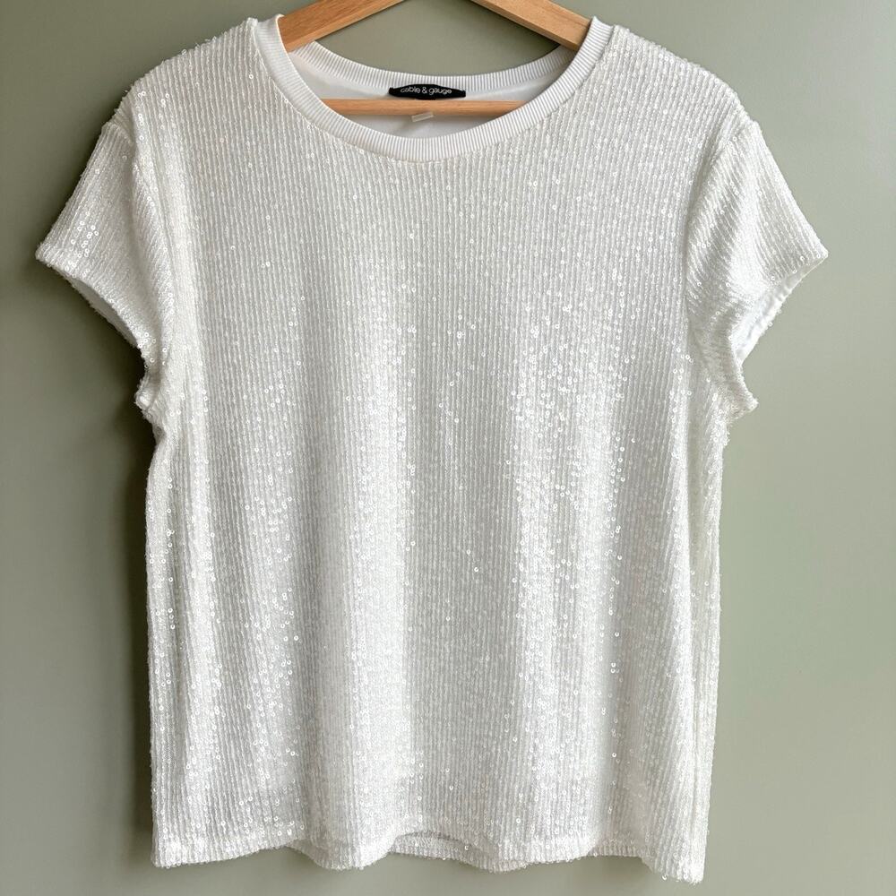 Cable & Gauge White Sequin Short Sleeve Top